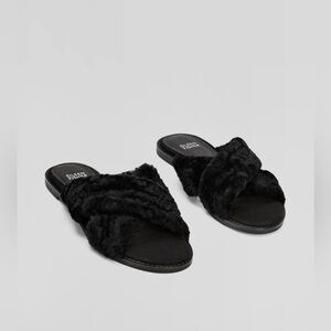 Eileen Fisher Shearling Sandals 8 Black New Cross Slides Fur